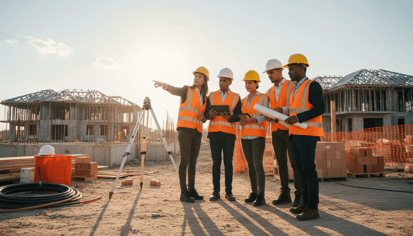 Diverse construction team in safety gear reviewing blueprints on active residential building site during golden hour